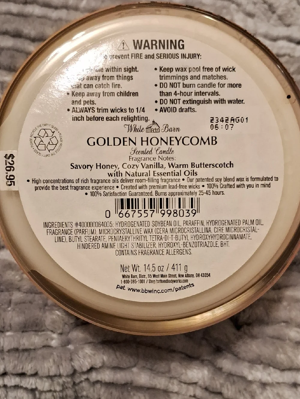 White Barn Golden Honeycomb Candle - Yellow and Gold Accents - Picture 2 of 4